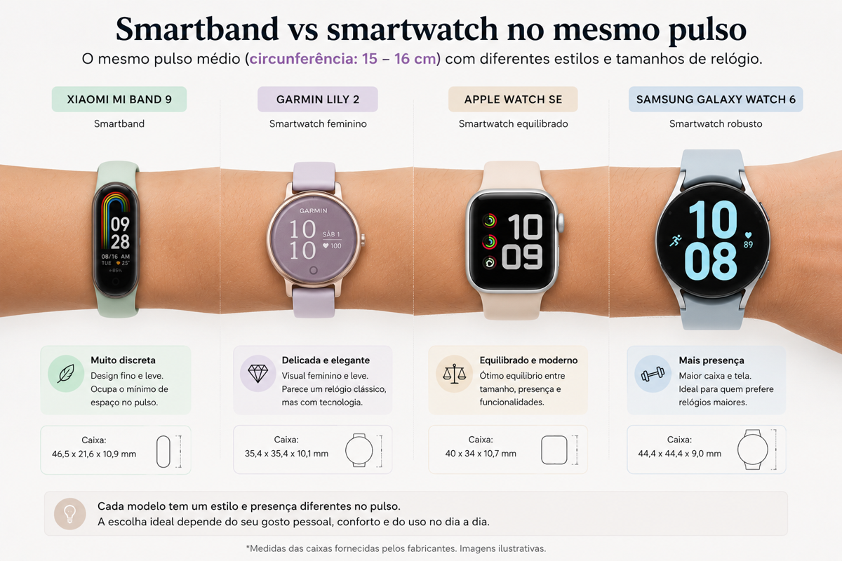 Smartband e smartwatch no mesmo pulso